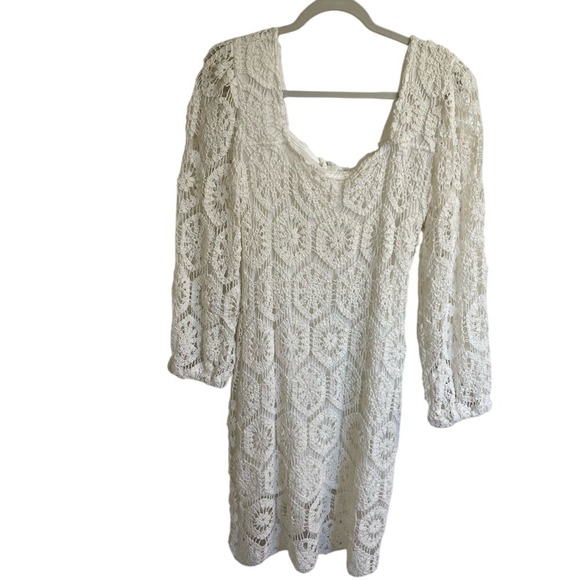 Kings Road Crochet Lace Dress Petite L Long Sleeve Square‎ Neck White - Picture 1 of 9
